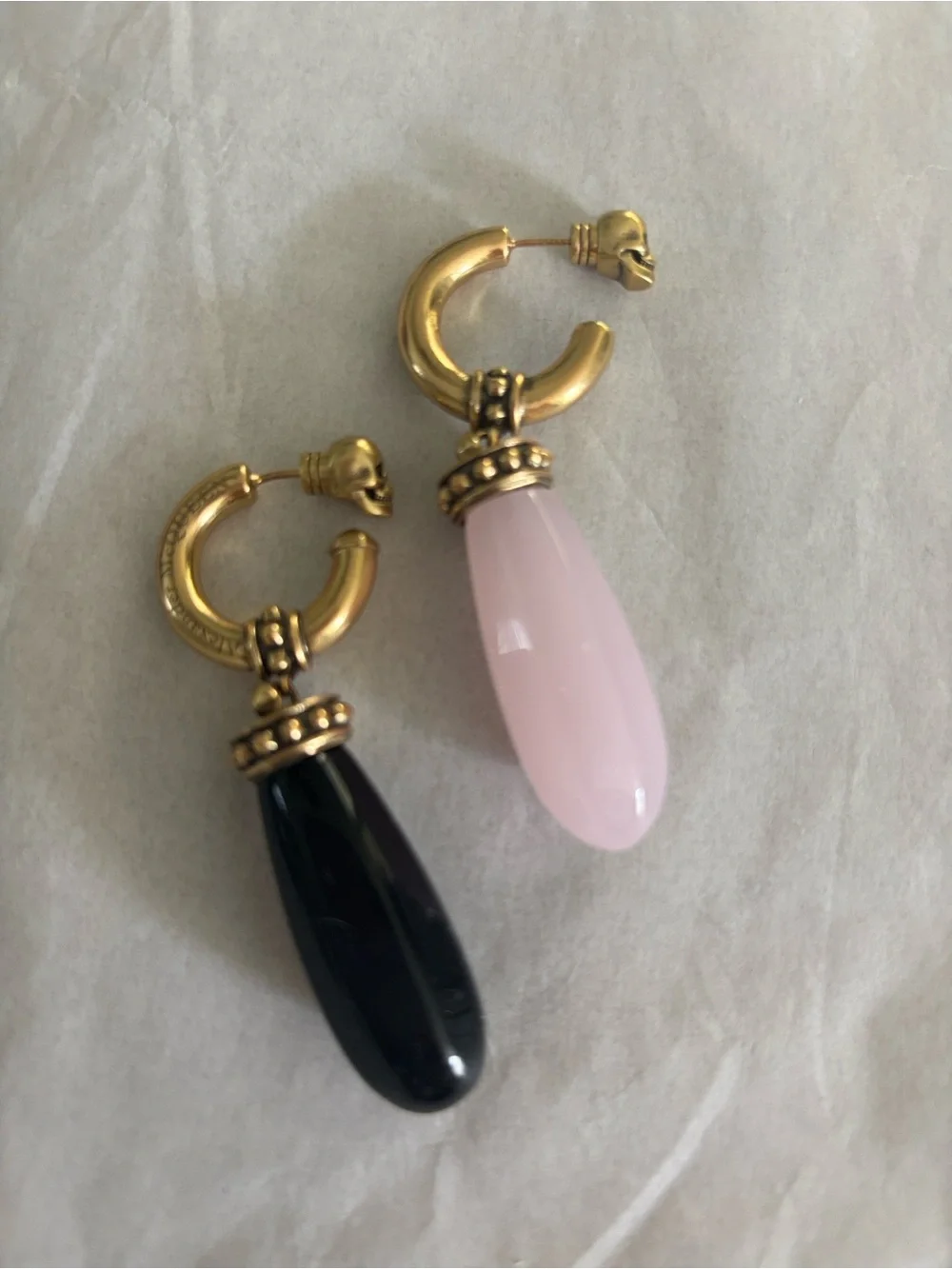 Alexander McQueen Gold Hoop Earrings with Pink and Black Teardrops